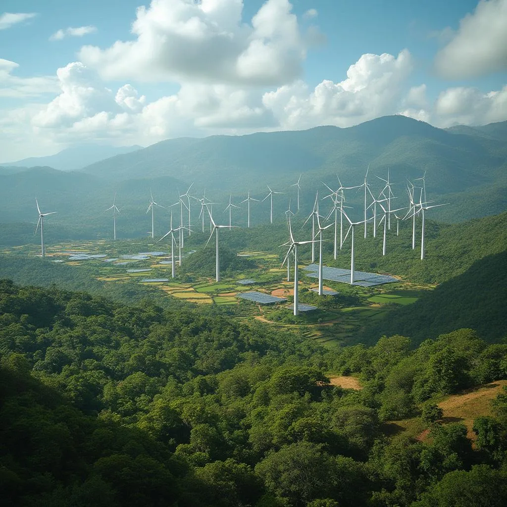 Paisaje colombiano con infraestructura de energía renovable